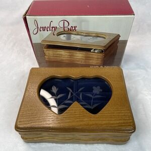 Croft & Barrow Wood Jewelry Box Double Heart‎ Etched Glass Top 6x4 NIB